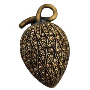 Vintage 1990s Joan Rivers Brass Tone Strawberry Brooch Pin Brown Crystals Signed